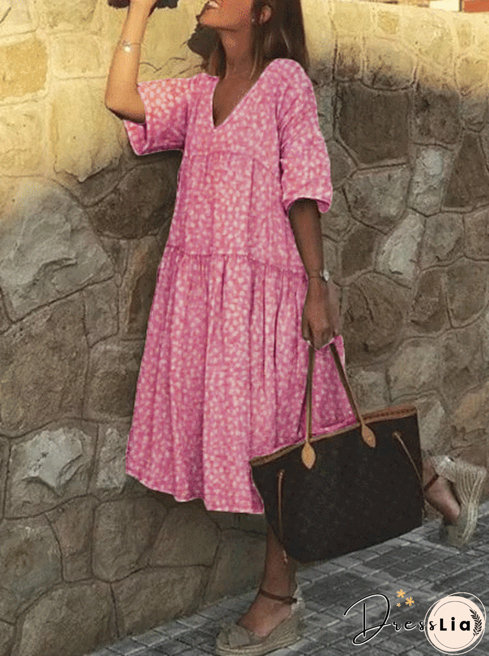 Half Sleeve Cotton-Blend Polka Dots V Neck Weaving Dress