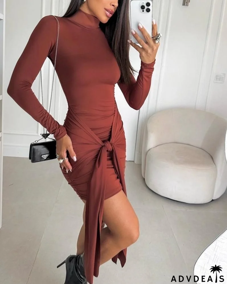 Mock Neck Knotted Long Sleeve Bodycon Dress
