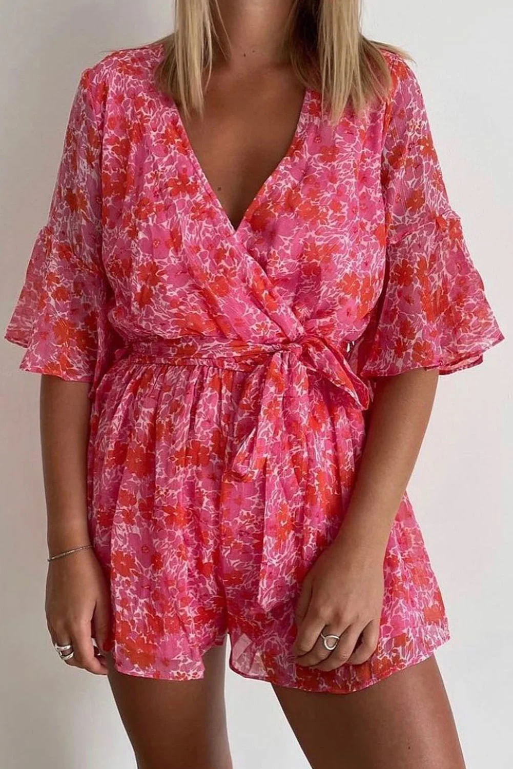 Pink V Neck Ruffled Sleeve Floral Romper | IFYHOME