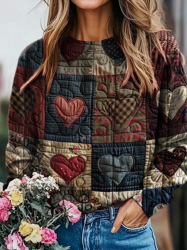 Women's Vintage Heart Patchwork Art Print Casual Crew Neck Sweatshirt