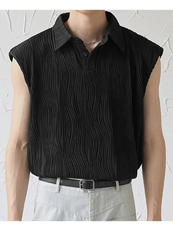 Aonga - Mens Wavy Stitching Textured Lapel Tank Top