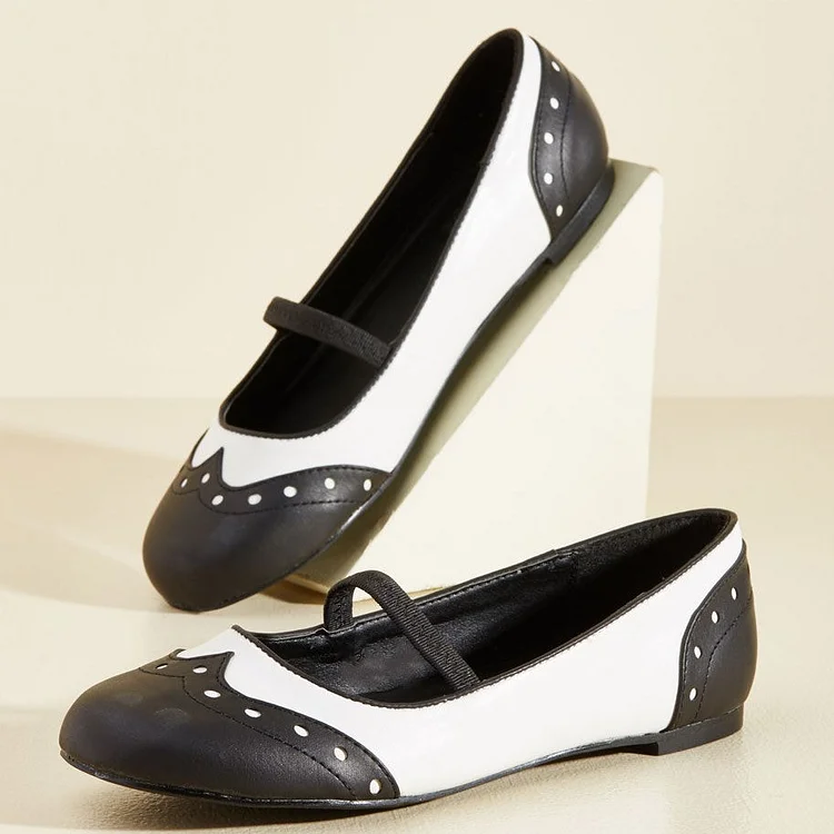Black and White Comfortable Flats Round Toe Wingtip Vintage Shoes |FSJ Shoes
