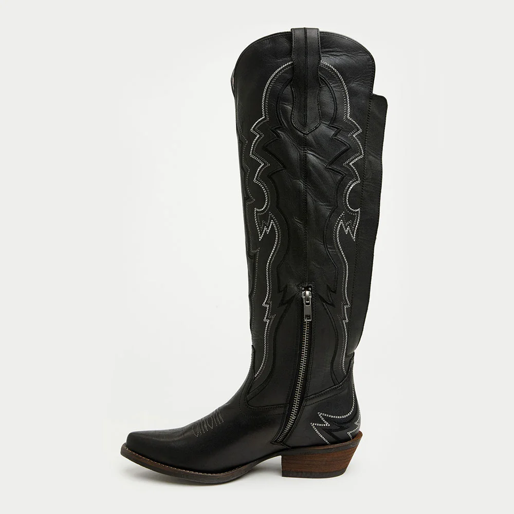 Black Lace-Up Block Heel Knee High Embroidered Cowgirl Boots