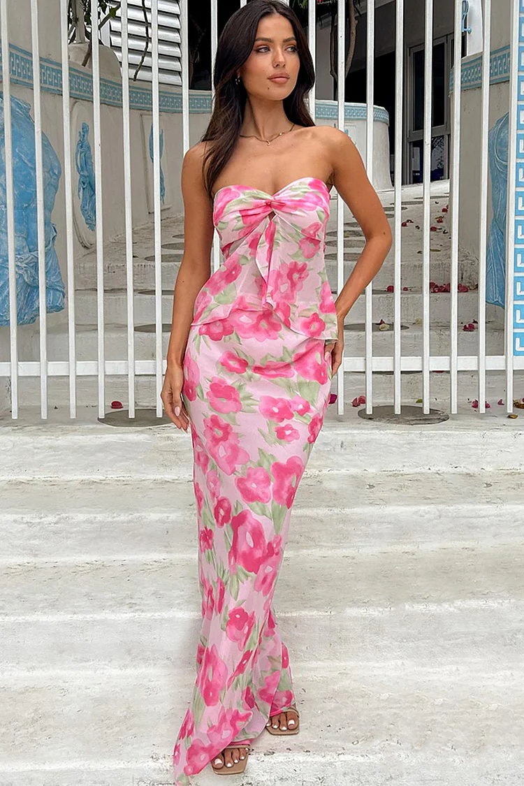 Twisted Strapless Top Maxi Skirt Floral Print Matching Set-Pink [Pre Order]