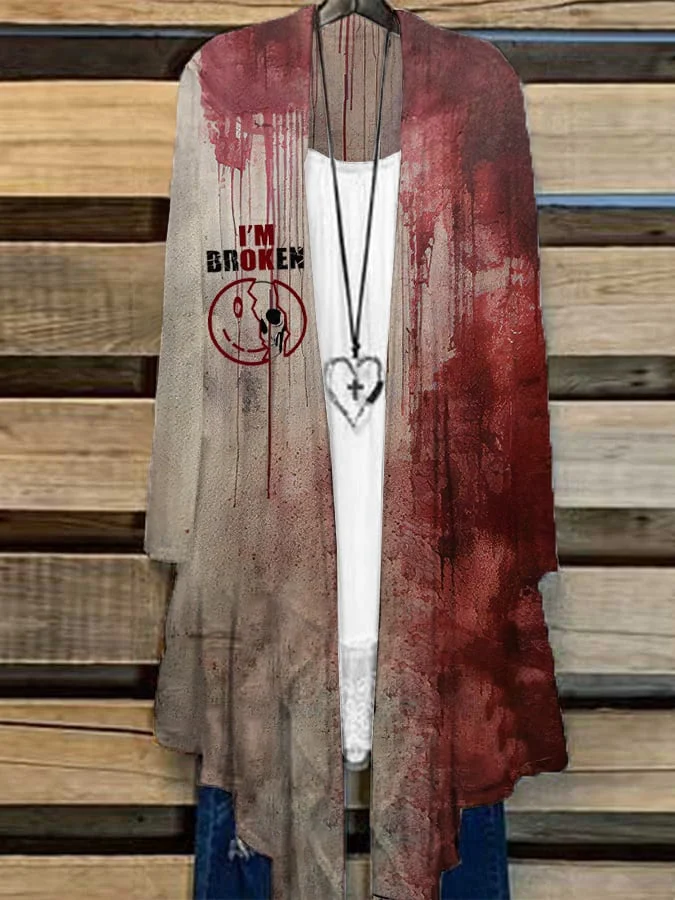 Women's Halloween Bloody "I'm Broken" Design Print Casual Cardigan