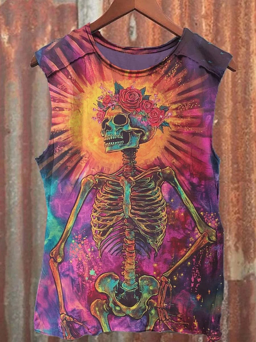 Unisex Dazzle Colorful Floral Skull Print Casual Tank Top