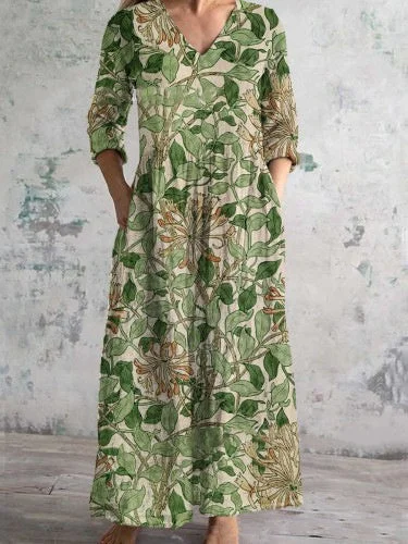 Women's 3/4 Sleeve V-neck Floral Printed Midi Dress