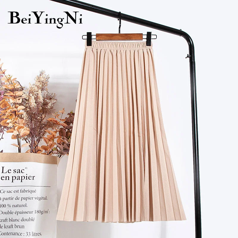 Beiyingni Women Vintage New Fashion Skirt Elastic High Waist Pleated Leisure Retro Skirt Female Streetwear Luxury Faldas Clothes