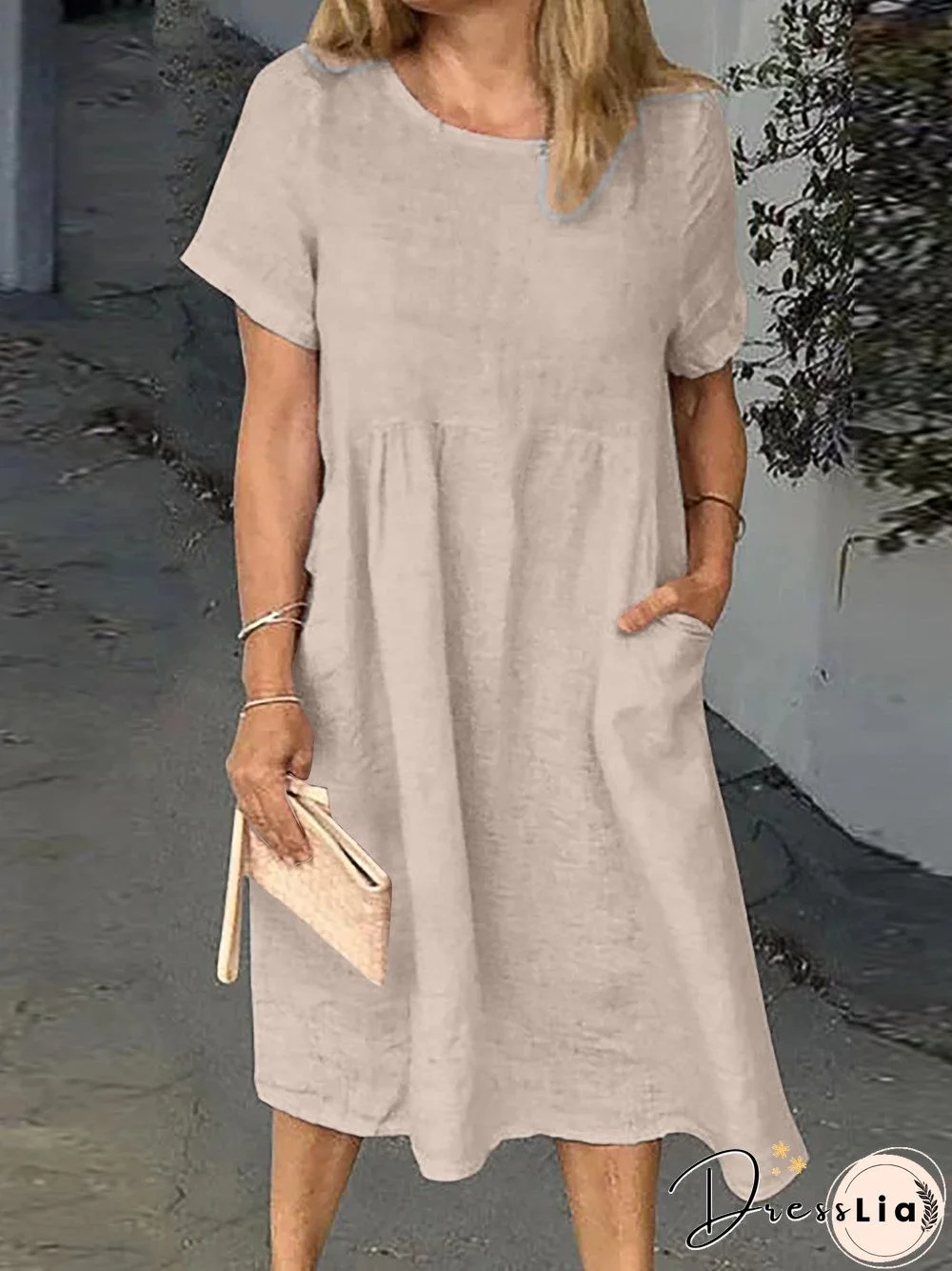 Women'S Dresses Round Neck Short Sleeve Pocket Casual Dress