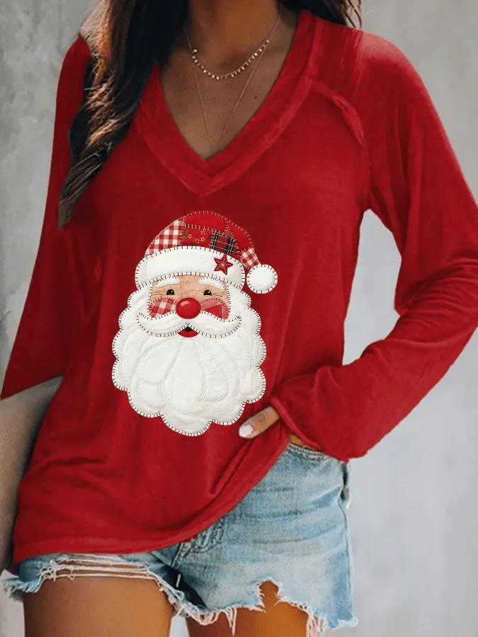 Women's Santa Claus Print V-Neck T-Shirt 