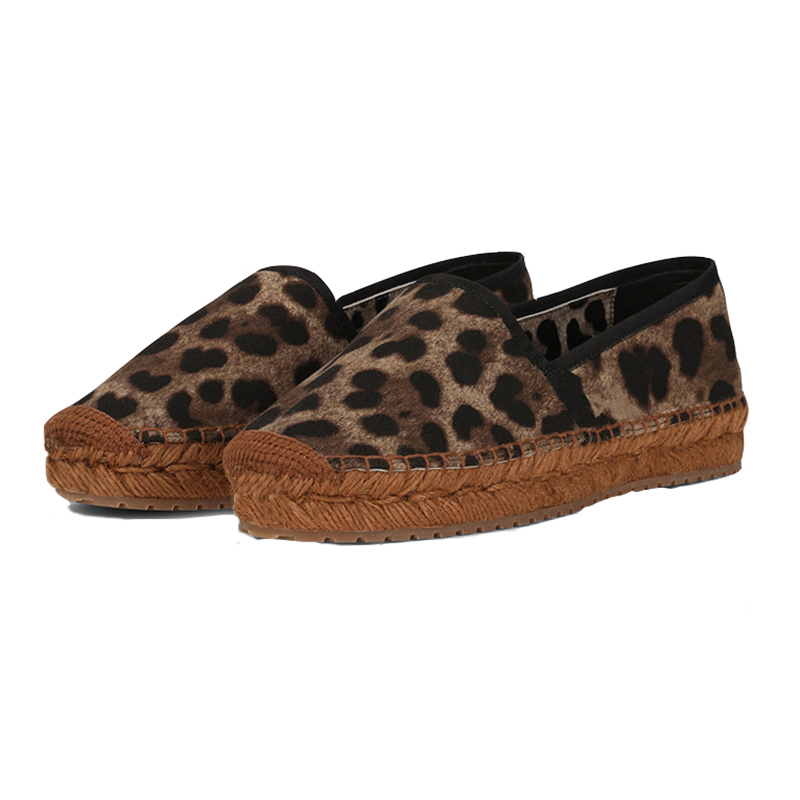 Leopard Fisherman's Shoes Woman Pointed Toe Grass Weave Flats Lady Loafers Shoes