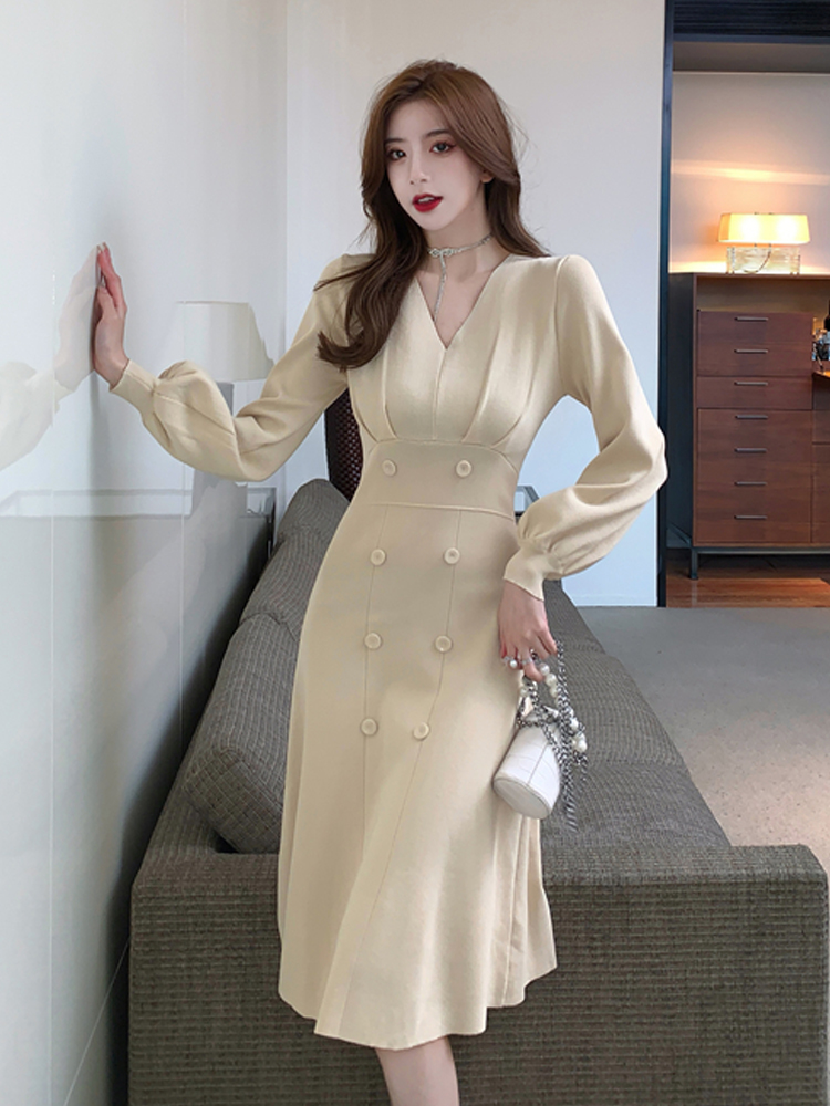 Magibyte Autumn Winter New Long Sleeve Knit Dress Korean Buttons Collect Waist Slim Bottoming Sweater Skirt Elegant Fashion Office Female