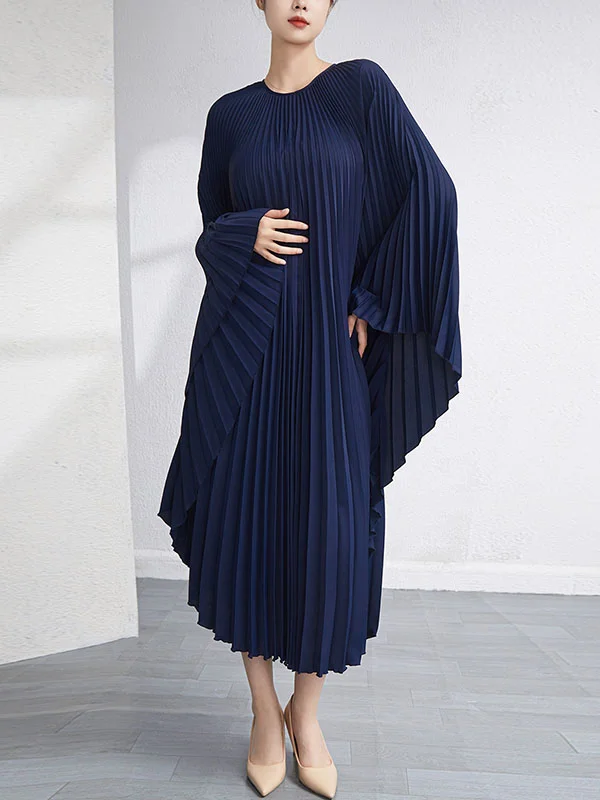 Urban Flared Batwing Sleeves Pleated Solid Color Round-Neck Midi Dresses