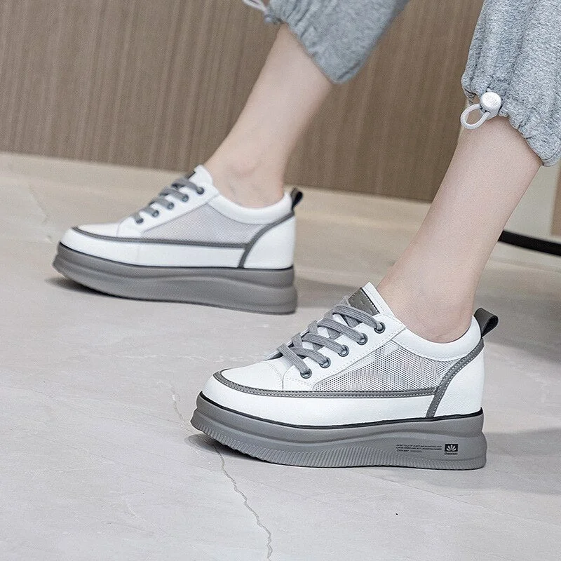 Fujin 6cm Genuine Leather Women Shoes Platform Wedge Sneakers Women Shoes 2022 Spring Autumn Air Mesh Breathable Shoes