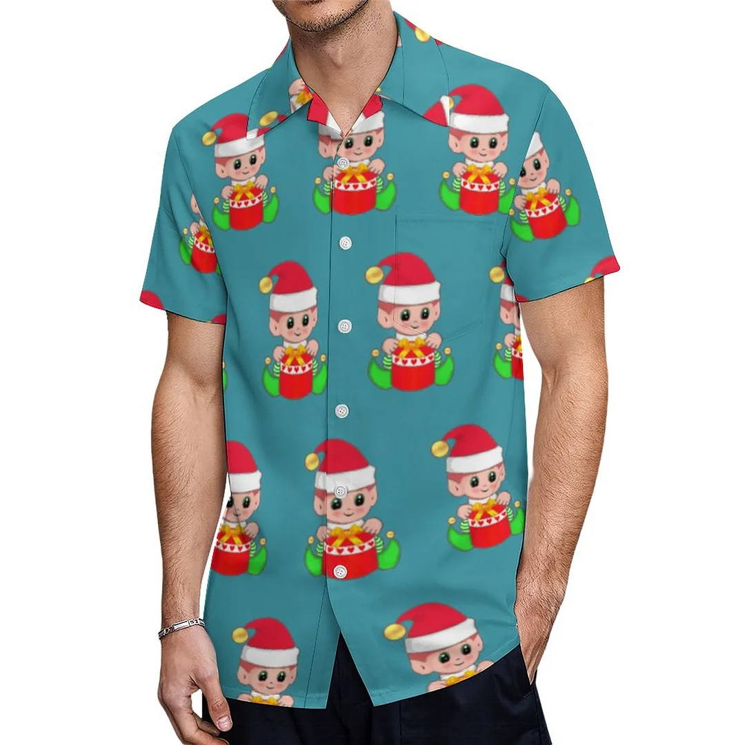 Short Sleeve Red Green Christmas Baby Elf Hawaiian Shirt Mens Button Down Plus Size Tropical Hawaii Beach Shirts