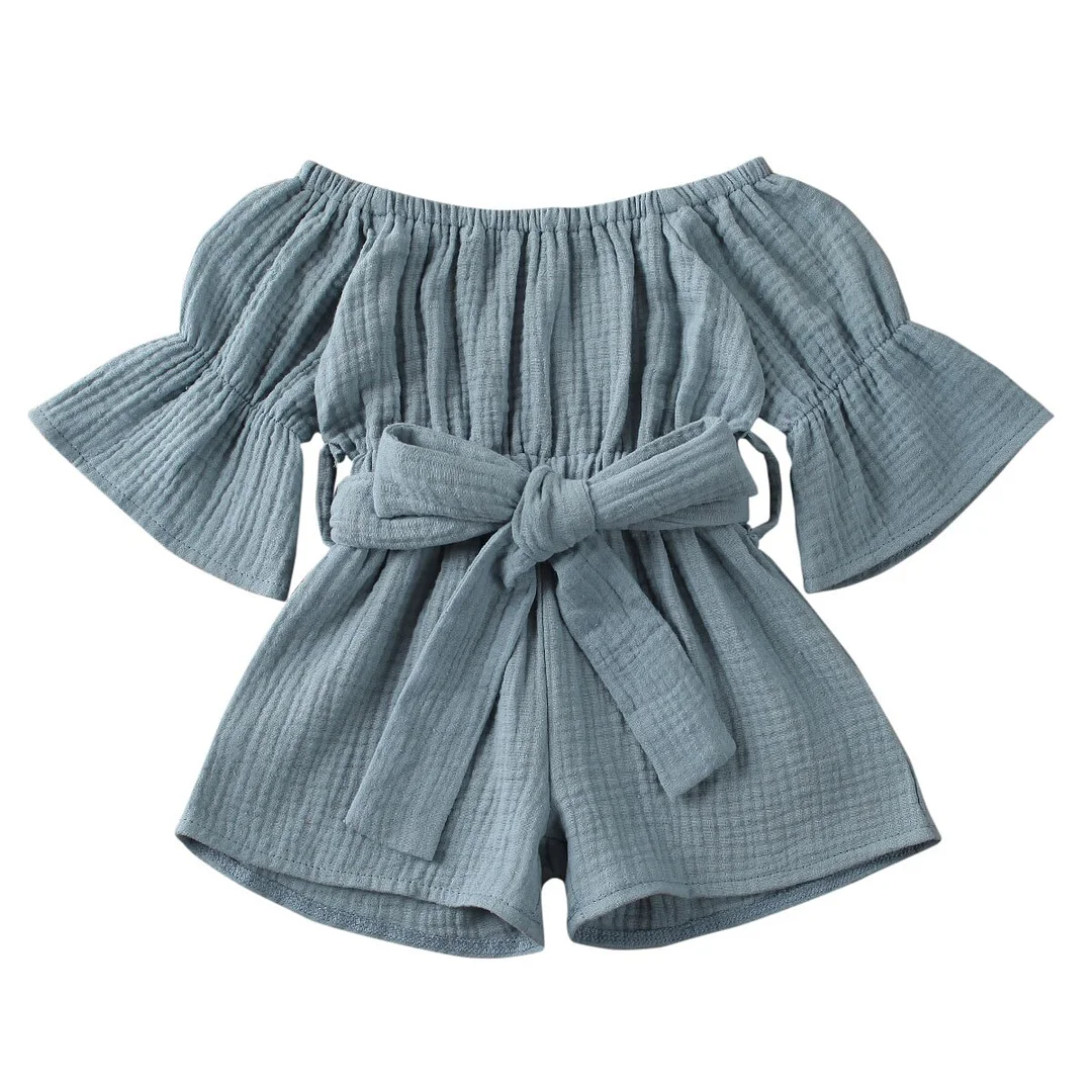 2020 Baby Summer Clothing Baby Girl Fashion Solid Off-shoulder Jumpsuit Toddler Trumpet Sleeve Waist Bandage Jumpsuits Shorts