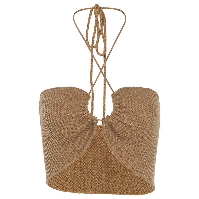 Cryptographic Summer Knitting Sexy Halter Crop Tops for Women Sleeveless Backless Bandage Cut-Out Top Cropped Club Party Outfits