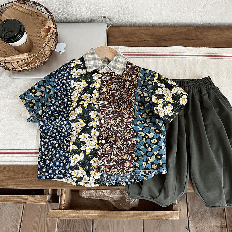 Toddler Boy Flower Splicing Polo Collar T-Shirt