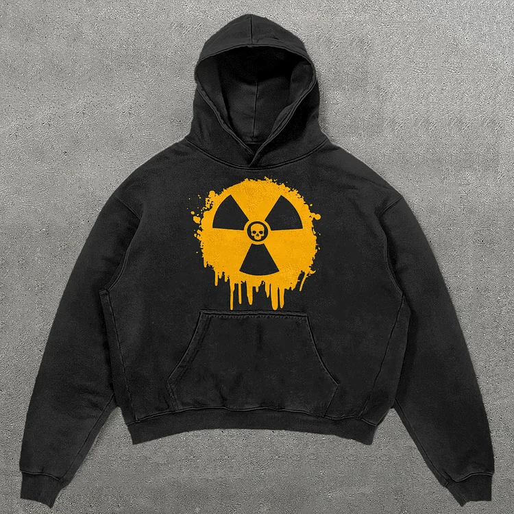 Vintage Street Style Nuclear Waste Warning Print Washed Hoodie