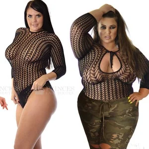 pornhint Pornhint US Size 2-22 / S-4XL, Reversible For 2 Looks, Plus Size Fishnet Sleeves Bodysuit Faux Lace BBW Curve Lady Daily Fashion Catsuit Lingerie