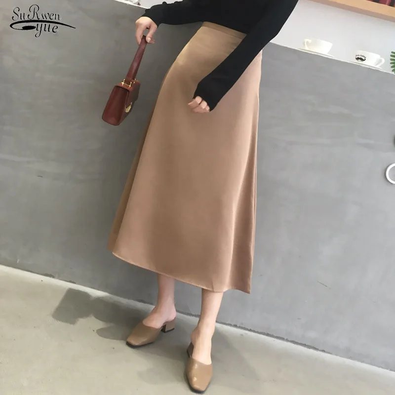 2021 Summer Elegant Women Skirt Ladies Satin Skirt Plain Shiny Vintage Skirts Solid Office High Waist Fashion Party Skirts chic
