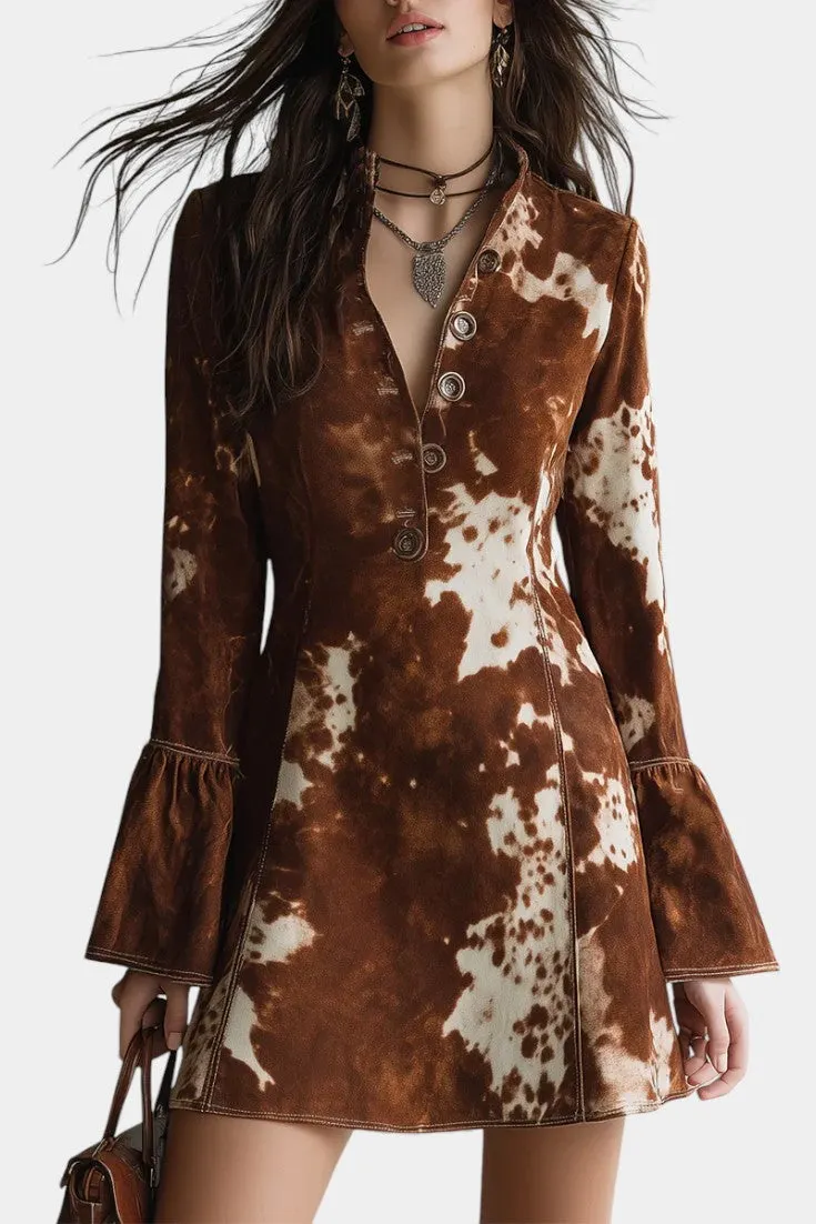 Vintage Cow Print Mini Dress with Flared Sleeves