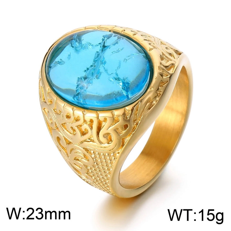 Jewelry Hip-Hop Oval 304 Stainless Steel Natural Stone 18K Gold Plated Inlay Rings