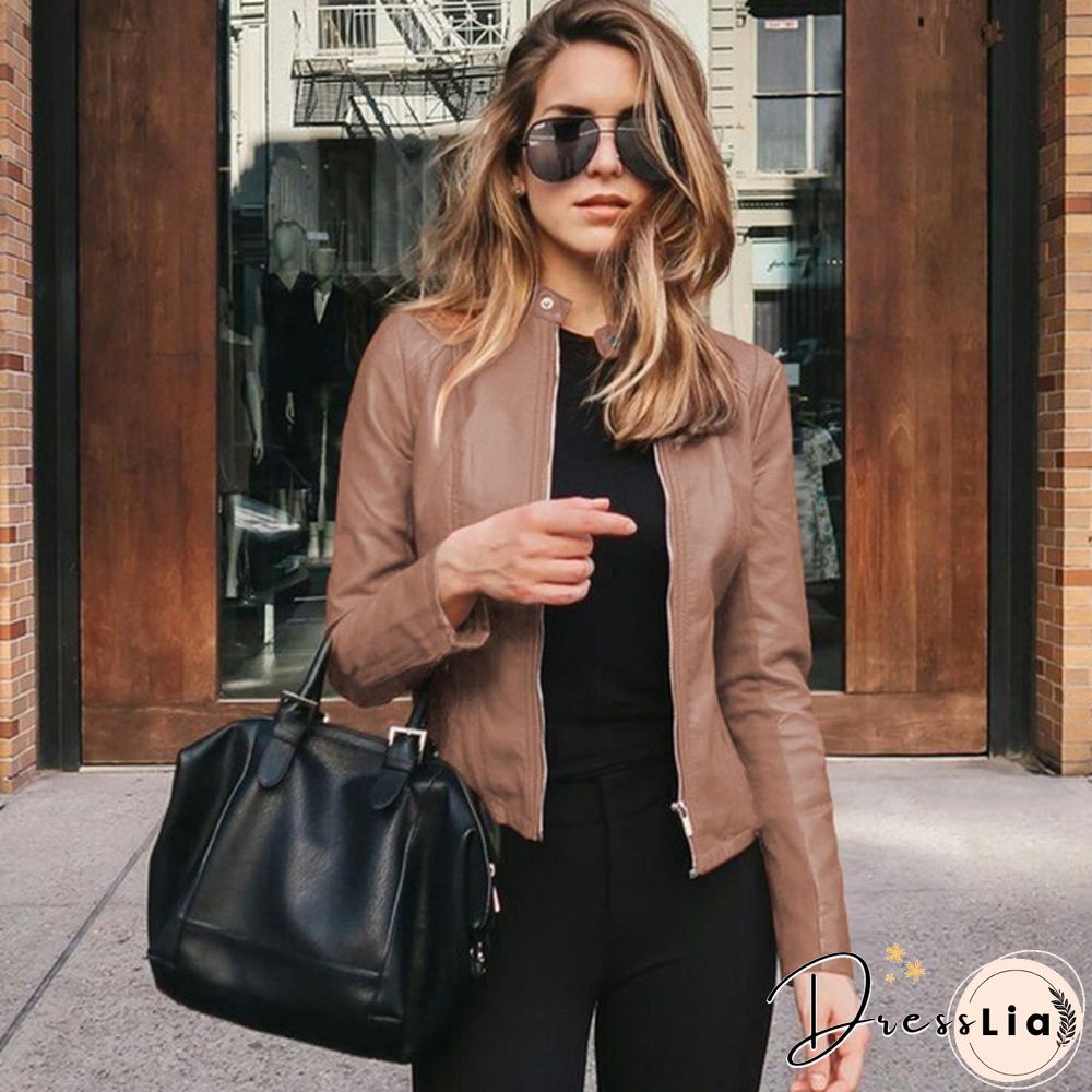 Women Spring Zipper Casual PU Leather Soft Motorcycle Leather Jacket Coat