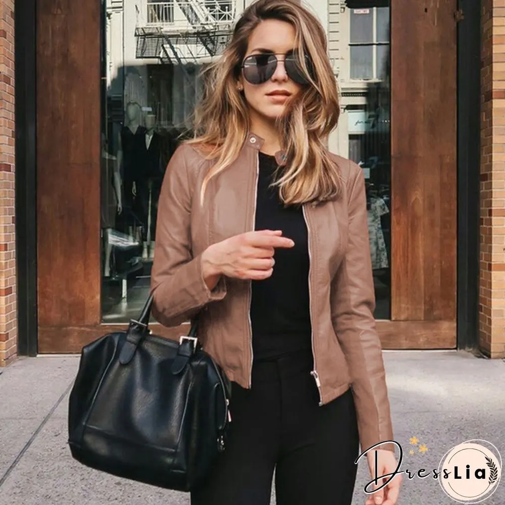 Women Spring Zipper Casual PU Leather Soft Motorcycle Leather Jacket Coat
