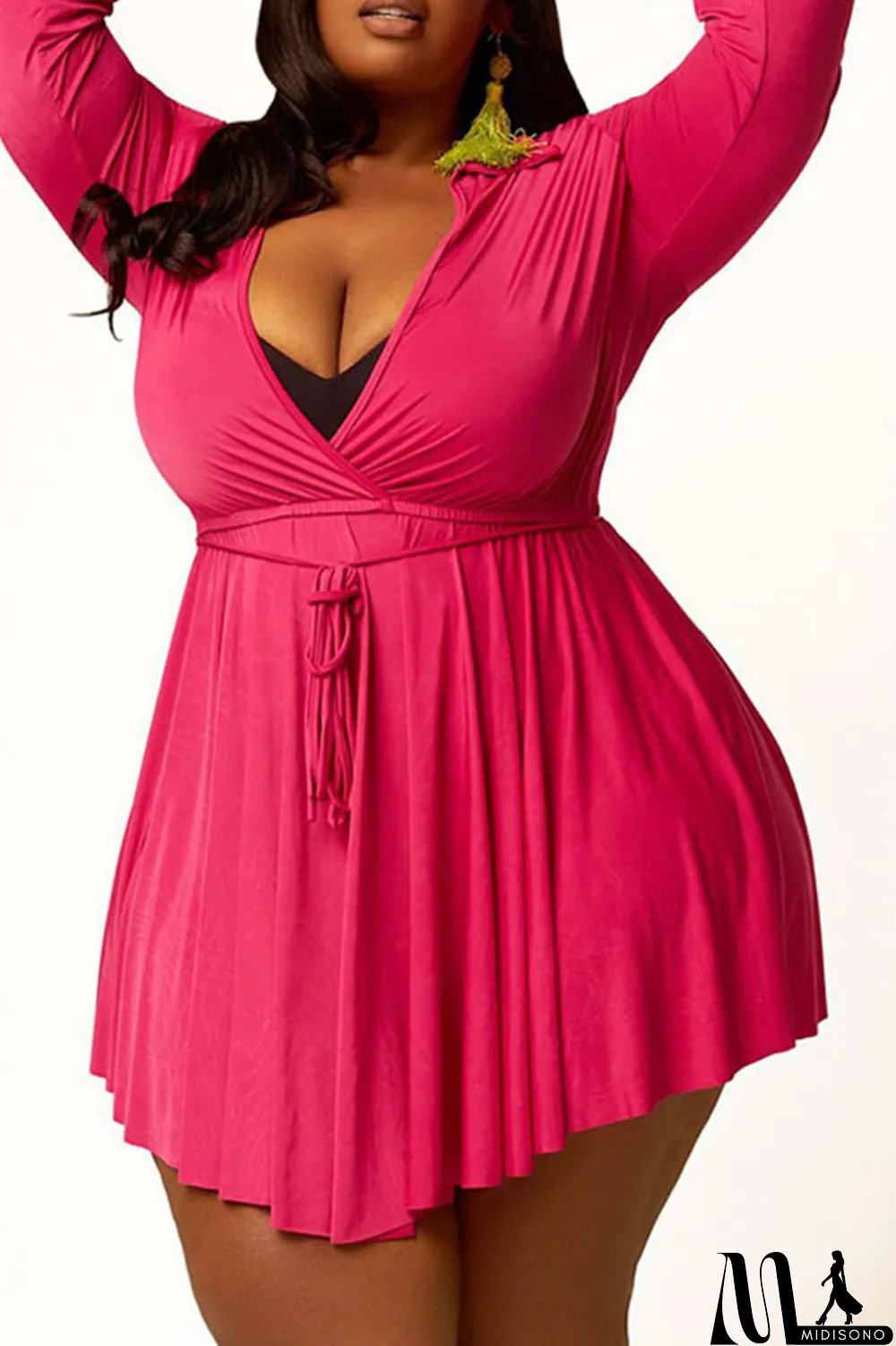 MidiSono - Rose Red Casual Solid Patchwork Frenulum Asymmetrical Turndown Collar A Line Plus Size Dresses