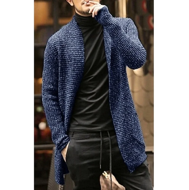 Wongn Wongn Men's Wear Long Sleeve Mixed Color Knit Pocket Cardigan Trench Coat Sweater