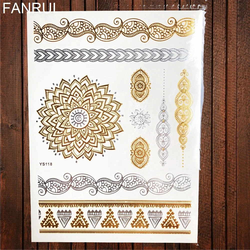 Golden Metallic Bracelet Temporary Tattoo Henna Mandala Flower Girl Tattoo Stickers Indian Chain Women Arm Flash Fake Tatoos Leg