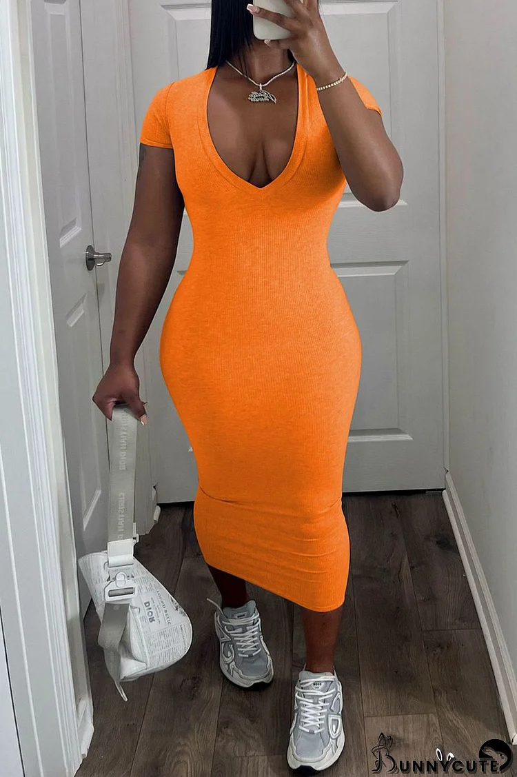 Orange Casual Solid Basic V Neck Short Sleeve Dress Dresses