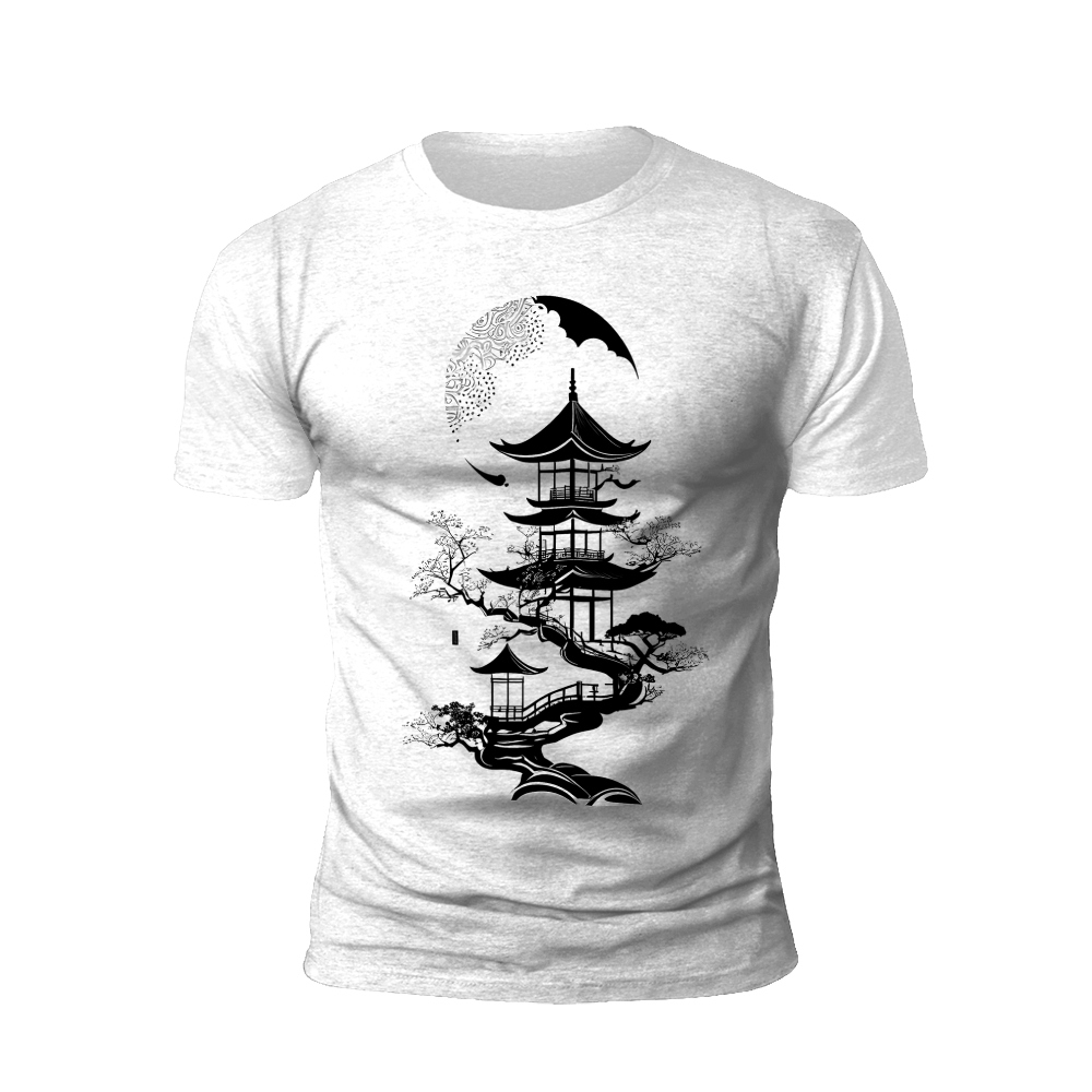 Moonlit Pagoda: Serenity in Ink T-Shirt