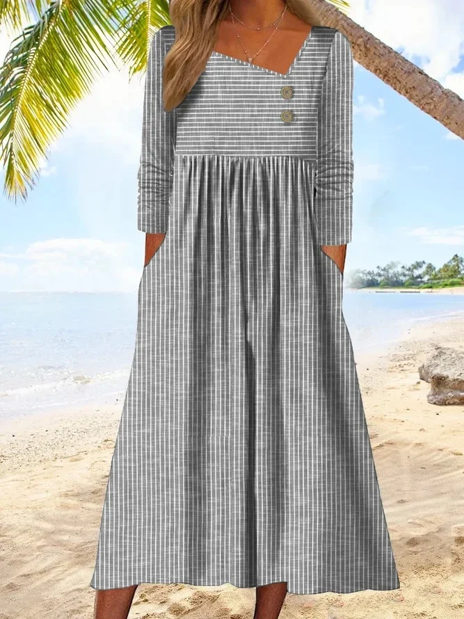 Striped Print Oblique V-neck Dress VangoghDress