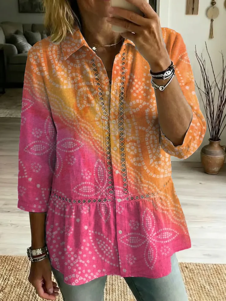 Women's Retro Floral Art Print Casual Lapel Cotton Shirt
