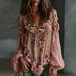 Women's Romantic Floral Embroidered Art Print Flowy Linen Blend Casual Tops - Image 2