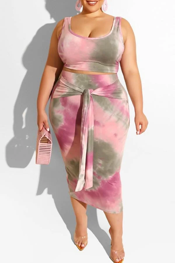 Casual Tie-dye Plus Size Skirt Set