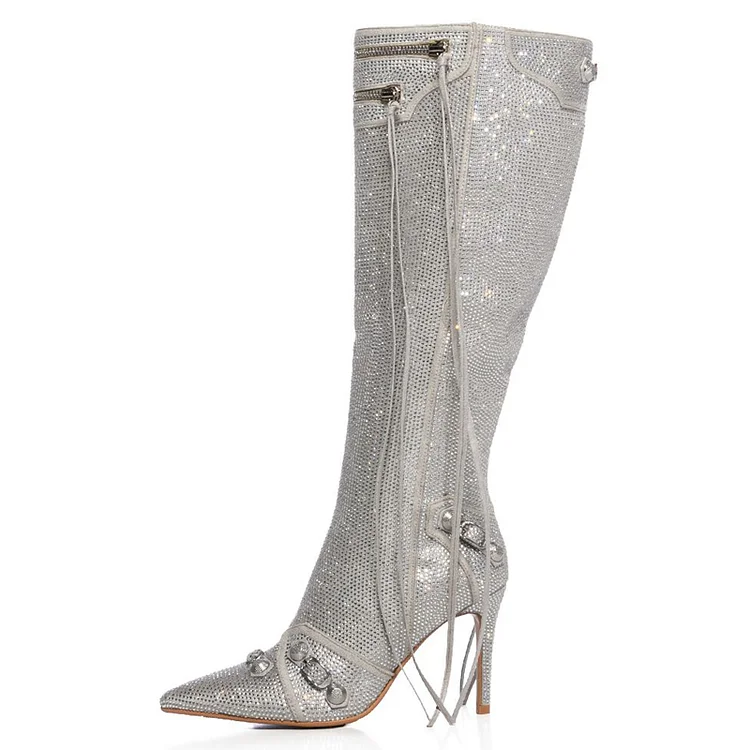 Silver Pointed Toe Rhinestones Boots Classic Stiletto Zipper Heels |FSJ Shoes