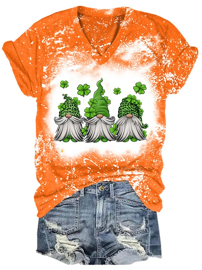 Women‘s St Patrick's Day Gnome Clover Tie-Dye Print Casual T-shirt socialshop