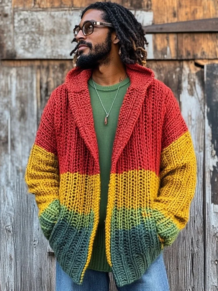 Men's Reggae Style Contrast Color Cozy Knit Hooded Cardigan