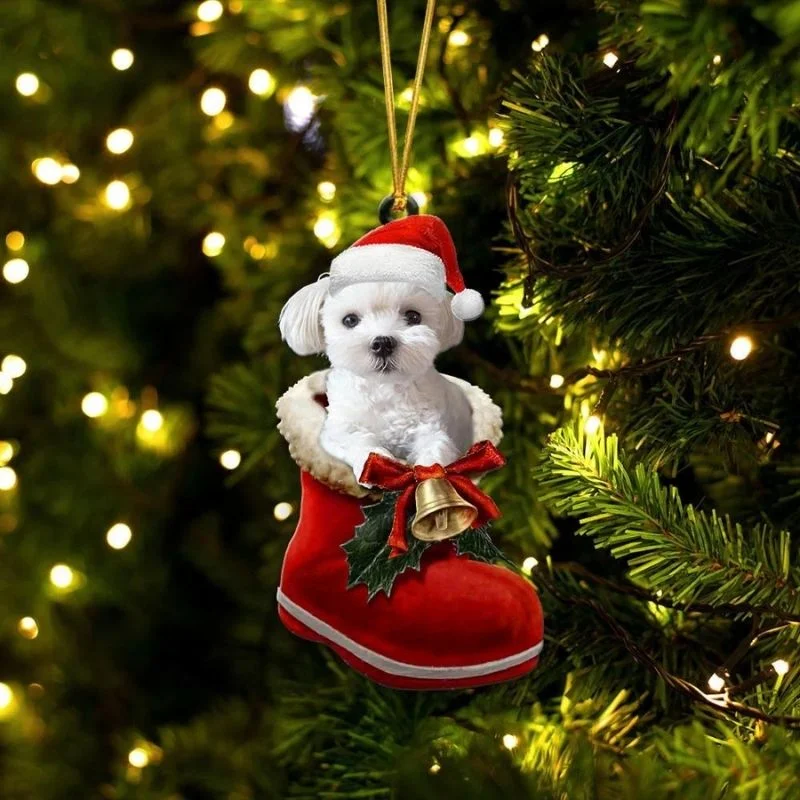 VigorDaily Maltese In Santa Boot Christmas Hanging Ornament SB004