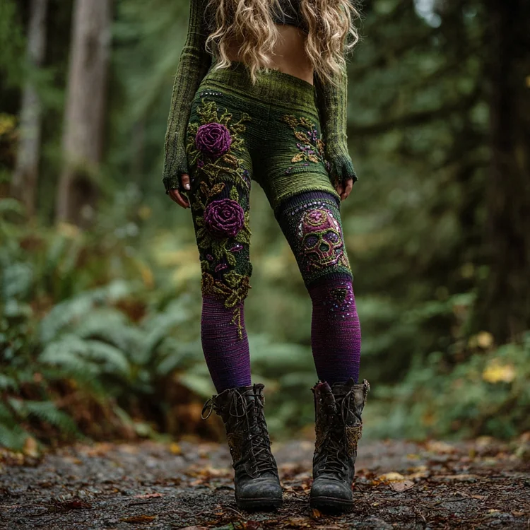 Women's Vintage Skull And Rose Patchwork Comfortable Leggings