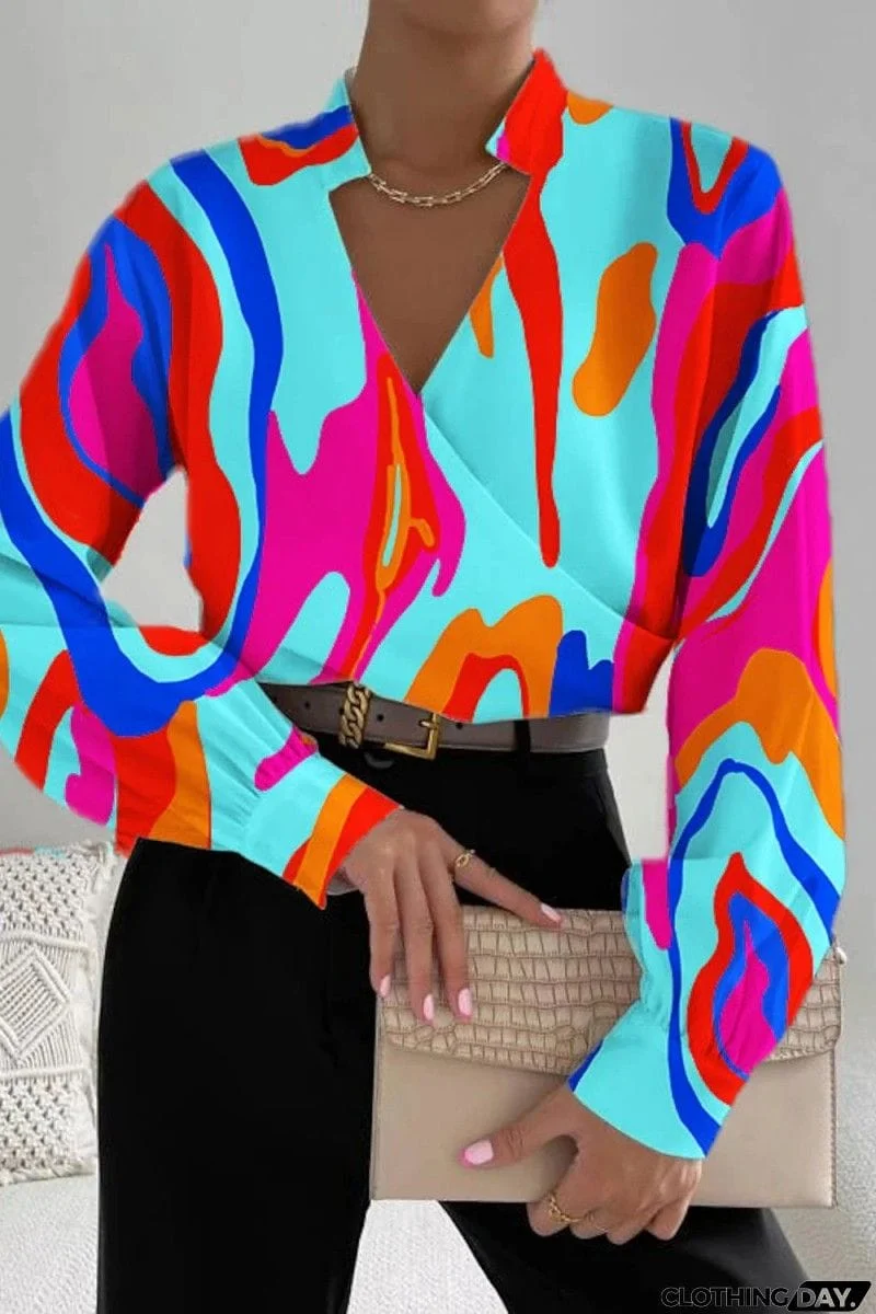 Casual Print Patchwork V Neck Tops