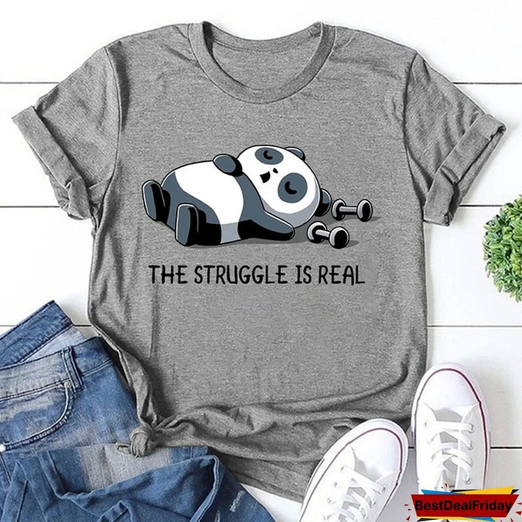 New Unisex Fashion Short Sleeve Round Neck Letters The Struggle Is Real Panda Print Casual Tops T-Shirt