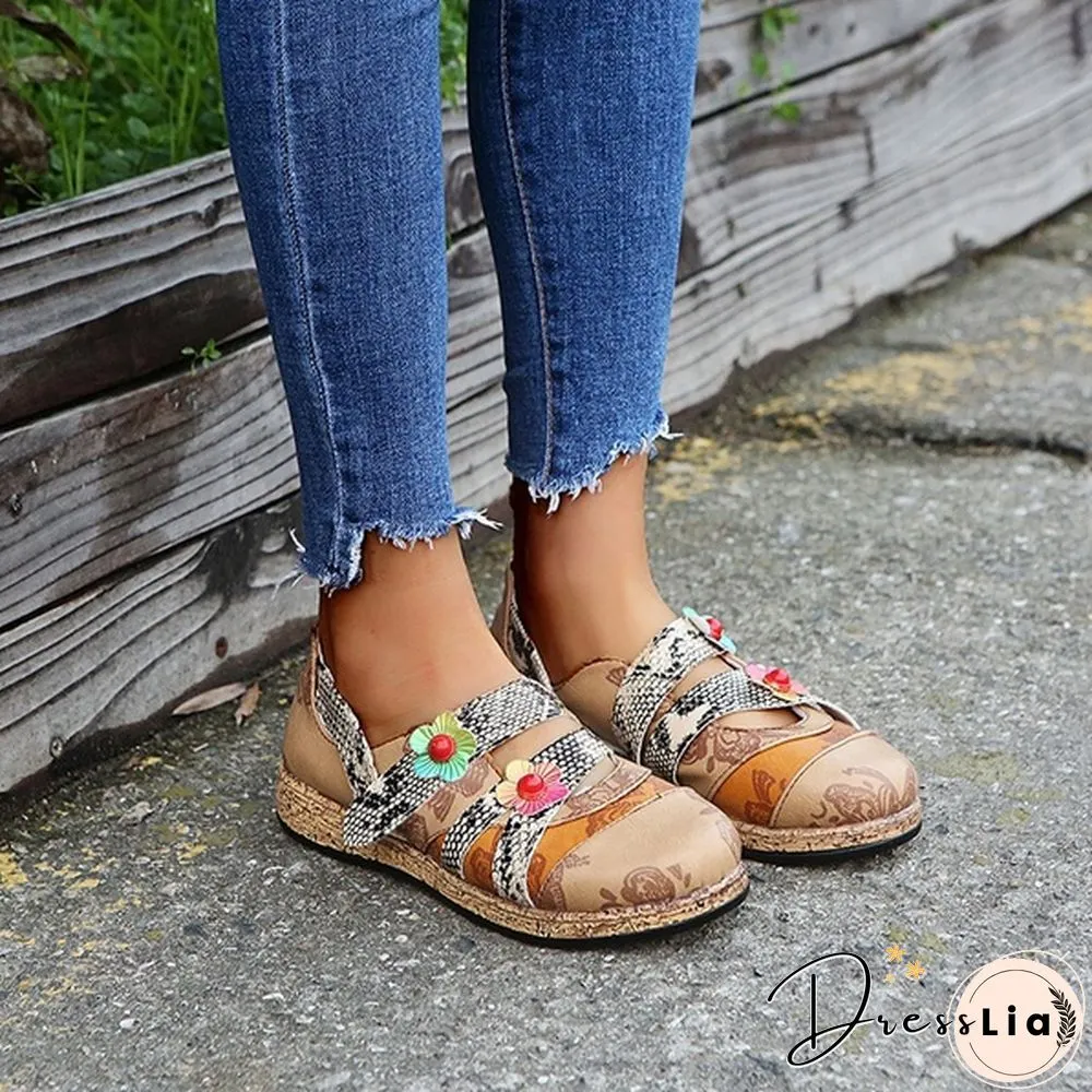 Womens Retro British Floral Leather Sandals Color Stitching Shackles Stripes 