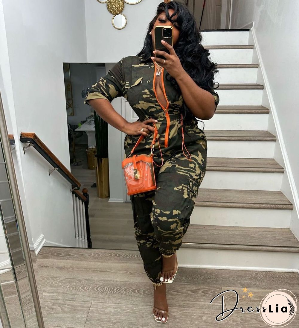 Camo Turn Down Collar Zipper One Piece Jumpsuit