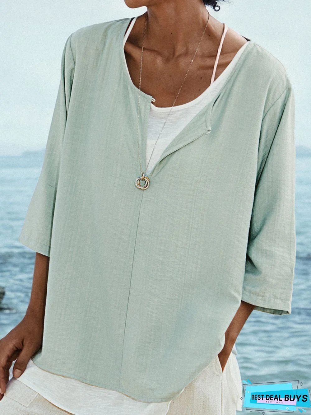 Blue Cotton V Neck 3/4 Sleeve Shift Tunic Top