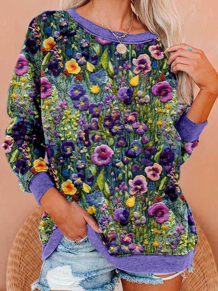 Violet Wildflower Embroidery Art Vintage Cozy Sweatshirt wearshes