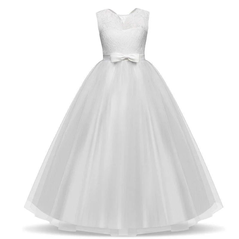 Kid Girls Elegant Wedding Lace Sleeveless Girl Dress Princess Party Pageant Long Tulle Clothing For 6 7 8 9 10 11 12 13 14 Years
